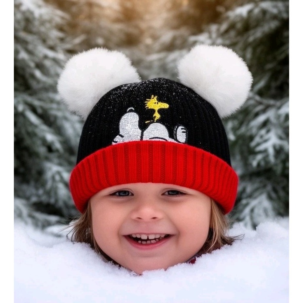 New Peanuts Snoopy‎ Woodstock Beanie Pom Pom Red Cuff Black Knit Winter Hat Kid